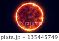 Intense red solar-like energy disk with fiery glowing edge and radiant particles, evoking stellar power and cosmic heat 135445749
