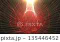 Radiant red digital wireframe forming a funnel-shaped burst of light, creating a pulsating geometric energy field 135446452