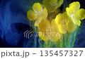 Vivid aquatic blooms, Ethereal yellow blossoms cascade through luminous blue liquid surroundings 135457327