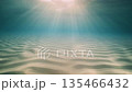 Serene underwater scene with sunbeams shining on sandy ocean floor 135466432