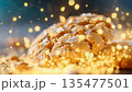Golden cracked cookie with sugar crystals and crumbs captured in dramatic macro food photography 135477501