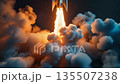 A white rocket rising into the dark space, sending up plumes of smoke. A symbol of great leaps and success in business. 135507238