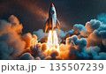 A white rocket rising into the dark space, sending up plumes of smoke. A symbol of great leaps and success in business. 135507239