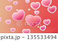 Pink heart shaped bubbles flying in the orange background. Valentine's Day background template, 3d rendering. 135533494
