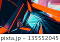 Dynamic tunnel movement through abstract, sharp glass polygons and neon light streaks in teal, red, and orange colors 135552045