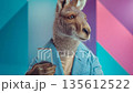 Kangaroo in smart blazer gives presentation while holding phone and sharing information 135612522