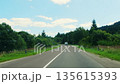 Windshield road view with forest corridor and distant van 135615393