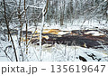 Lindulovskaya grove, an ecological trail, a calm winding river in a snowy forest, trees under the snow in the forest, peace and quiet, reflection on the water, without people 135619647