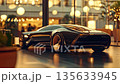 室内展示の未来的な黒と金のスポーツカー 135633945