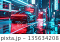 夜幕降臨，在霓虹閃爍的城市中，電動車正在充電。 135634208