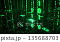 A digital landscape with green binary code cascading down. The scene represents technology, data, and the digital world 135688703