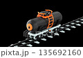 Stylized animated railway oil tanker moving at high speed along rail tracks. Dynamic scene illustrating oil and fuel transportation by train, energy logistics, and industrial supply chains. 135692160