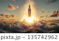 Rocket launches into the sky amid clouds at sunrise creating a stunning view of exploration and technology 135742962