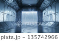 Futuristic hallway with sleek metallic walls and glowing doorway in a sci-fi setting 135742966