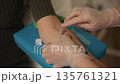 Phlebotomist in medical clinic taking blood sample from female patient arm for health test, then removing butterfly needle and applying cotton swab to injection site, close-up. Shooting in slow motion 135761321