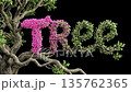 Small pink flowers bloom on the word Tree, formed by tree branches. World Tree Day 135762365