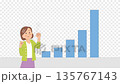 伸びる棒グラフとガッツポーズをして喜ぶ可愛くて若い女性　背景透過 135767143