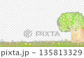 Spring frame of a house and tree in a flowering field. Watercolor animation with alpha. 135813329