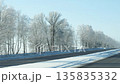 Moving along scenic highway with snow covered trees lining roadside under clear blue sky. Beautiful winter landscape passing by on sunny, frosty day during a road trip 135835332