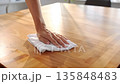 Quietly wiping the table in a room with natural light, it's time to reset your hands. 135848483