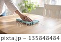 Quietly wiping the table in a room with natural light, it's time to reset your hands. 135848484