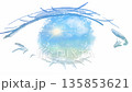A watercolor animation of a close-up of a blinking eye, in which the image of the morning sun rising in the darkness and turning into a blue sky is reflected. 135853621
