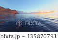 Serra Gelada Benidorm sunrise fishing boat with rod on calm Mediterranean 135870791