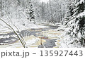 Lindulovskaya grove, an ecological trail, a calm winding river in a snowy forest, trees under the snow in the forest, peace and quiet, reflection on the water, without people 135927443