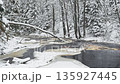 Lindulovskaya grove, an ecological trail, a calm winding river in a snowy forest, trees under the snow in the forest, peace and quiet, reflection on the water, without people 135927445