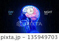 3D illustration of human brain with clock showing circadian rhythm, day and night cycle, sleep and wake neuroscience concept 135949703