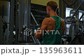 Back view of muscular man doing triceps workout on cable machine in gym. Athlete training triceps muscles, fitness concept. Man in green shirt with tattoo on his arm. Healthy lifestyle. 135963611