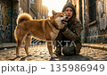 A Shiba Inu desperately tries to protect a homeless girl in an alleyway A Shiba Inu desperately tries to protect a homeless girl in an alleyway 135986949