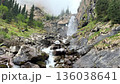 Tears of the Bars waterfall flowing through rocky terrain. Barskoon gorge natural landscape and natural wonder. Kyrgyzstan travel destination. Snow Leopard tears. 136038641