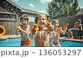 A group of children playing with water guns in a pool 136053297