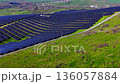 Panoramic aerial view of a large scale solar power station situated on rolling green hills near a small rural settlement. 136057884
