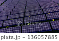 Geometric aerial top down perspective of organized rows of solar panels. Focus on the repetitive texture of the energy modules and metal frames. 136057885