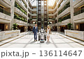 A humanoid robot with rollers guides a couple from the hotel front desk and carries their luggage as it ascends from a low position into the air. 136114647