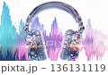 Modern transparent headphones with vibrant soundwave graphics in the background, showcasing a dynamic audio experience in a visually engaging setting 136131119