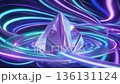 Iridescent crystal pyramid rotating in a vibrant swirl of colorful light trails, creating a mesmerizing visual effect in a dark cosmic background 136131124