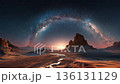 Majestic desert landscape under a starry sky with a vibrant Milky Way arching over rocky formations and a glowing horizon at dawn, showcasing natural beauty and tranquility 136131129