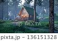 Animation of cozy wooden cabin with a mossy roof in a misty pine forest 3d render 136151328