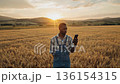 A man stands in a ripened field during golden hour and looks at his smartphone. Low sun and expansive hills create a peaceful rural atmosphere with long warm shadows. 136154315