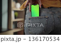 Person inserting a mobile device with a customizable green screen display into the back pocket of blue denim jeans, symbolizing modern technology, convenience, and everyday digital integration 136170534