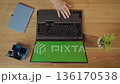 User hand interacting with the touchpad of a modern laptop featuring a customizable green screen display, resting on a clean wooden desk alongside office accessories 136170538