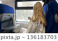 A young, happy blonde girl is traveling in winter, sitting on a train, looking out the window and drinking hot tea.Video 4k  136183703