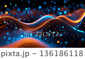 Abstract digital wave with glowing blue and orange particles. The scene features a smooth flowing pattern, representing technology and innovation. 136186118
