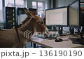 Humorous tech scene, Funny animal at work station, Playful donkey working with computers in bright office, Lighthearted scene featuring donkey engaged with dual monitors and office accessories 136190190