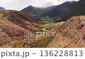 Aerial view of a serene Andean village in Peru, surrounded by majestic mountains and a winding river 136228813