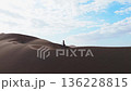 A lone figure traverses the expansive sand dunes of Peru under a clear blue sky 136228815