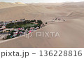 Aerial view of Huacachina oasis in Peru, showcasing sand dunes and a tranquil lake 136228816